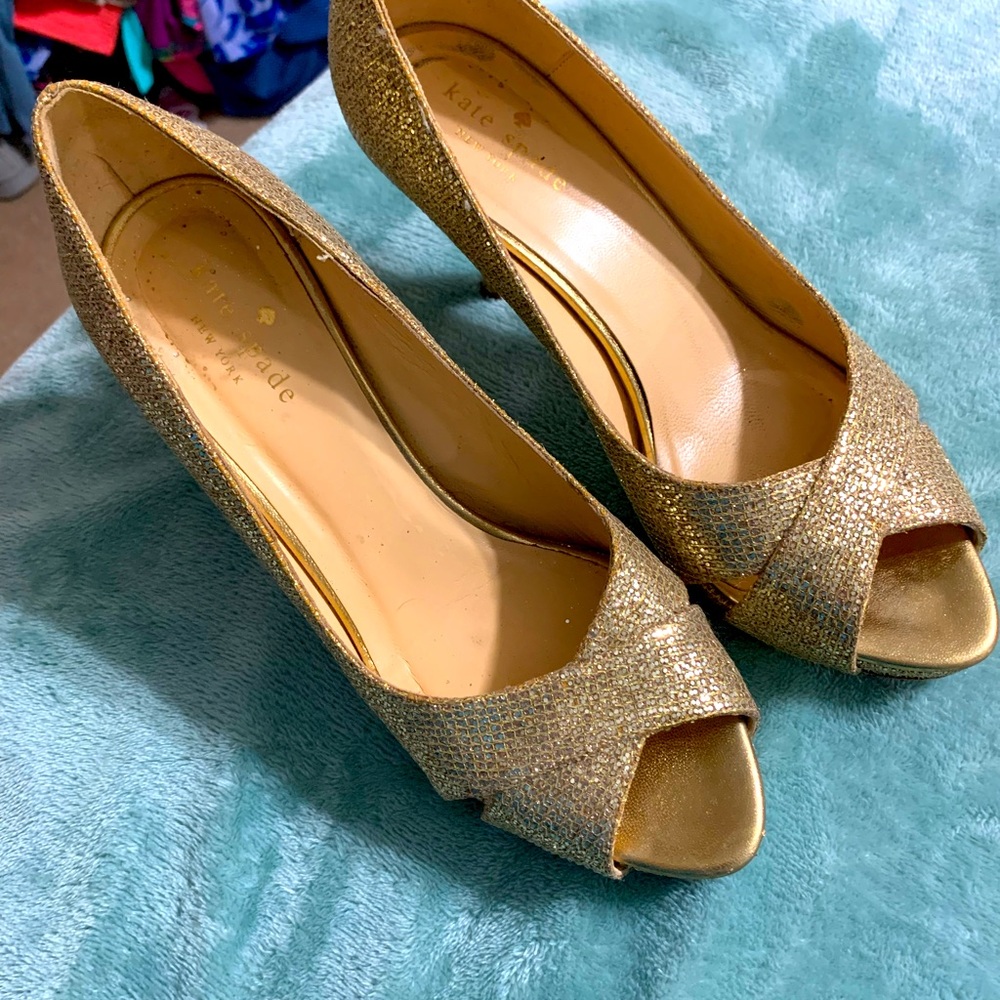 Kate Spade Gold Glitter Peep Toe Heels